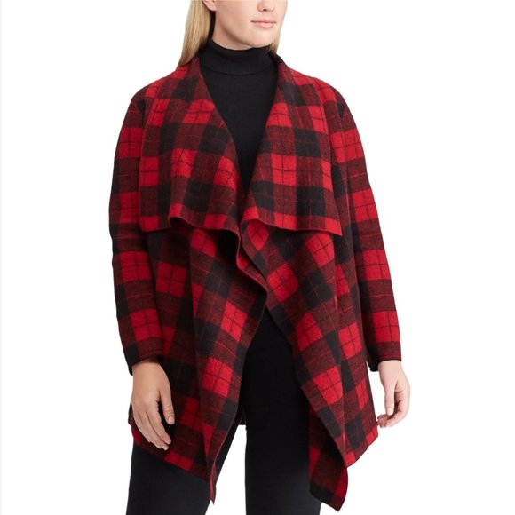 Lauren Ralph Lauren Sweaters - Lauren Ralph Lauren Open Front Buffalo Plaid 100% Wool Shawl Sweater Cardigan